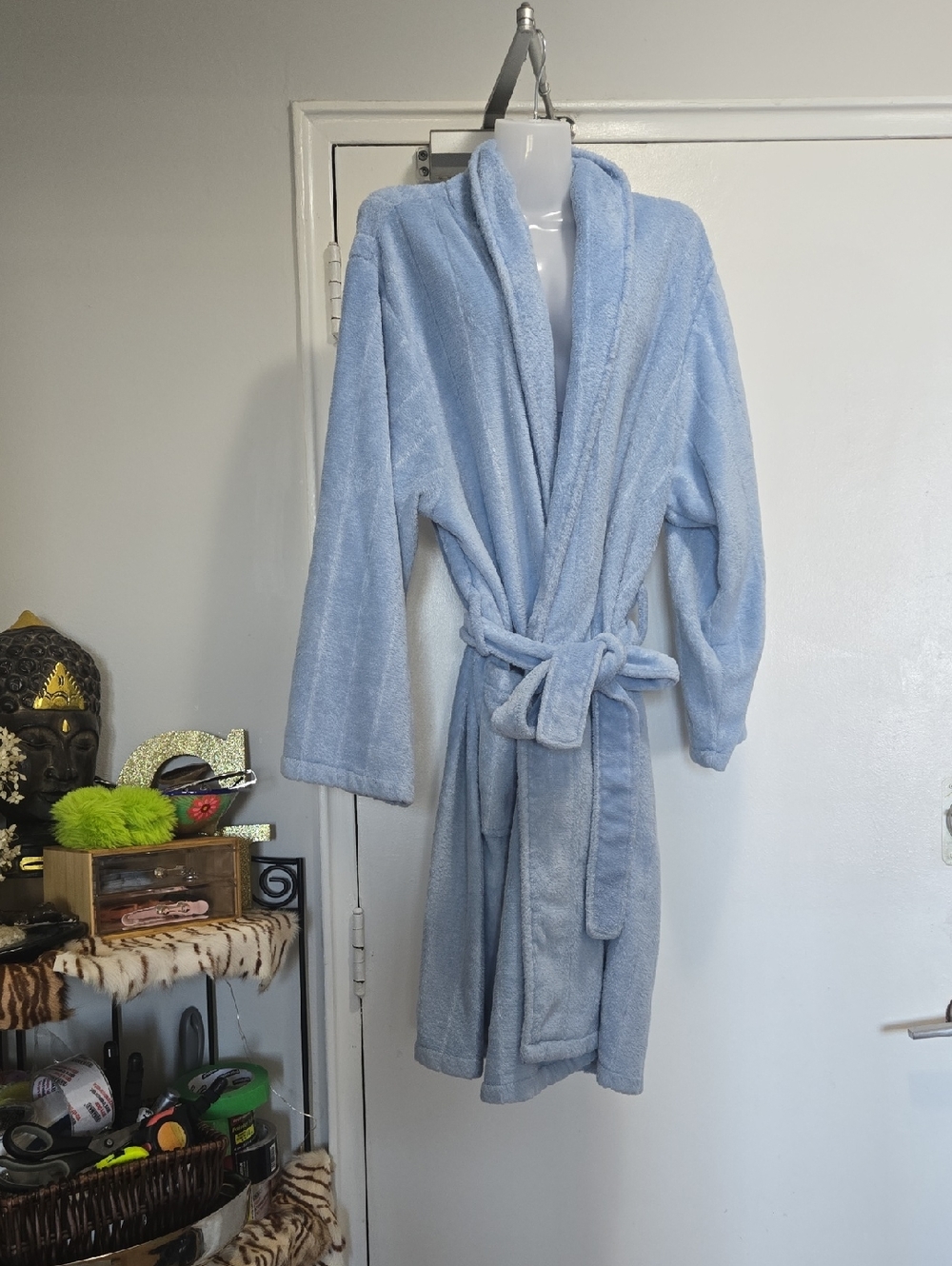 Simon Chang Light Blue Plush Bathrobe with Tie Belt